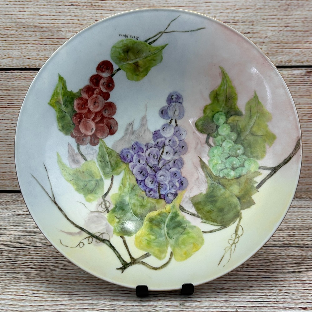 Tirschenreuth Germany Hand Painted Grape Porcelain Bowl Artist Signed Beth Mann